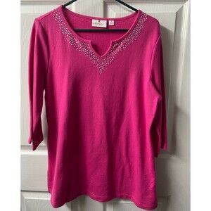 Quacker Factory Top Womens Medium Pink Embellishe Bejewelled 3/4 sleeve V Neck